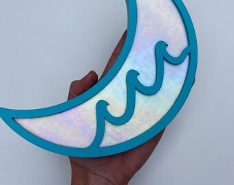 Iridescent Blue and White Crescent Three Wave Moon