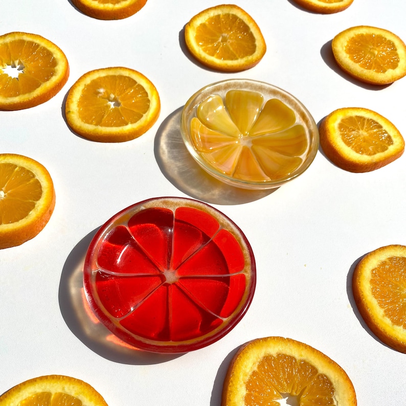 Orange Slice Fruit Fused Glass Ring dishes image 1