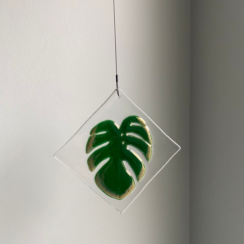 Handmade Monstera Green and Gold Leaf Fused Suncatcher image 6