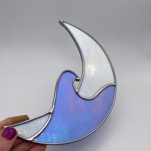 Made to order Iridescent Blue and White Crescent Wave Moon Stained Glass image 3