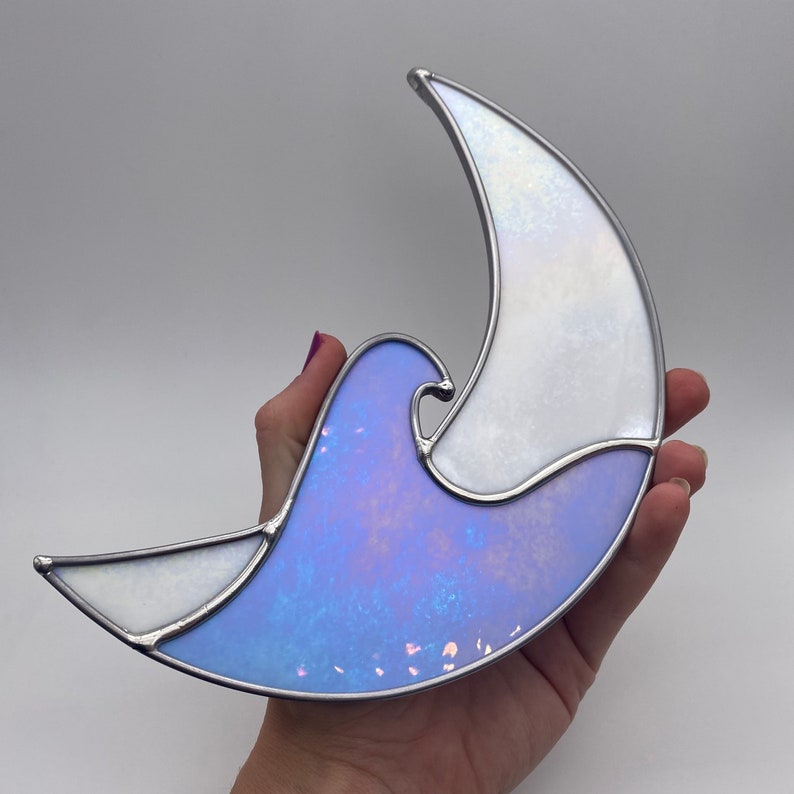 Made to order Iridescent Blue and White Crescent Wave Moon Stained Glass image 1