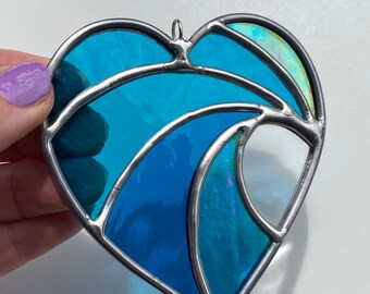 Crashing Wave Heart Stained Glass, Valentines gift, Mother's Day Anniversary gift, WeddingDay Gift, Suncatcher,Home decor