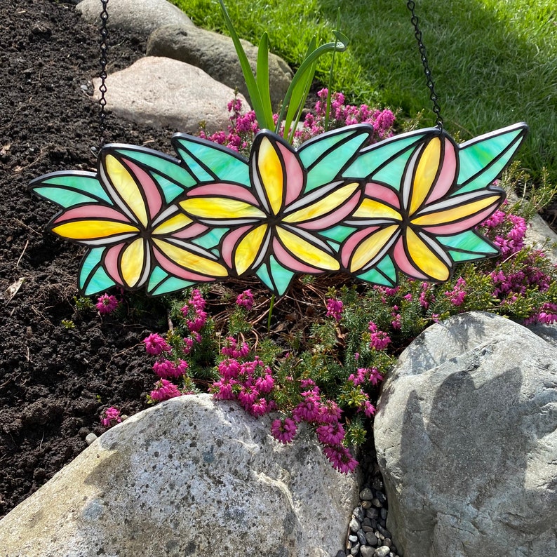 Pink & Yellow and white Plumeria Flower Crown / lei / Wreath Stained Glass Suncatcher image 6