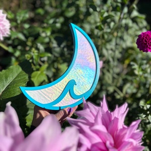 Iridescent Blue and White Crescent Wave Moon