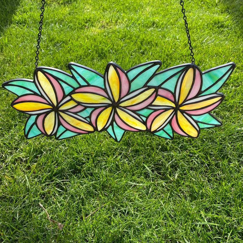 Pink & Yellow and white Plumeria Flower Crown / lei / Wreath Stained Glass Suncatcher image 8