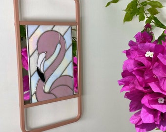 Flamingo Stained Glass, Iridescent white, pink and mirror