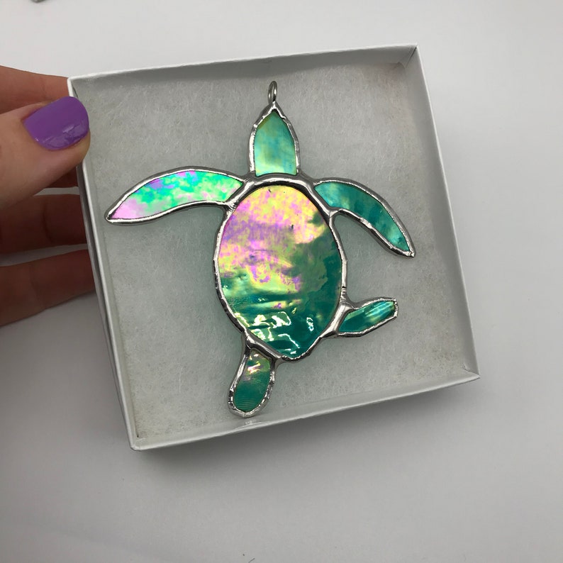 Made to order Iridescent Green Baby Sea Turtle Stained Glass, image 5