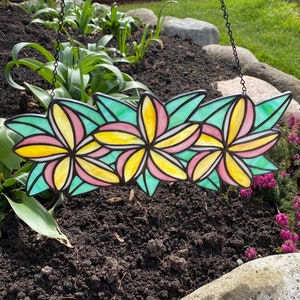 Pink & Yellow and white Plumeria Flower Crown / lei / Wreath Stained Glass Suncatcher image 1