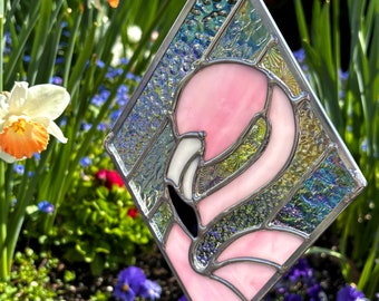 Feathery Pink Flamingo and Iridescent Diamond Love Stained Glass, Mother's day Gift Ideas