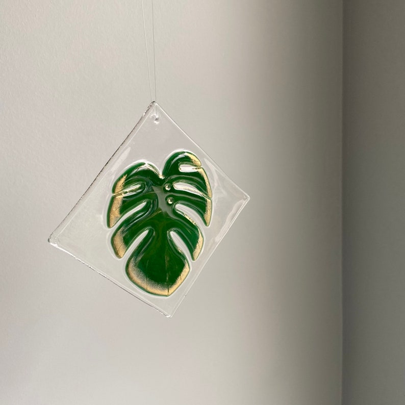 Handmade Monstera Green and Gold Leaf Fused Suncatcher image 8