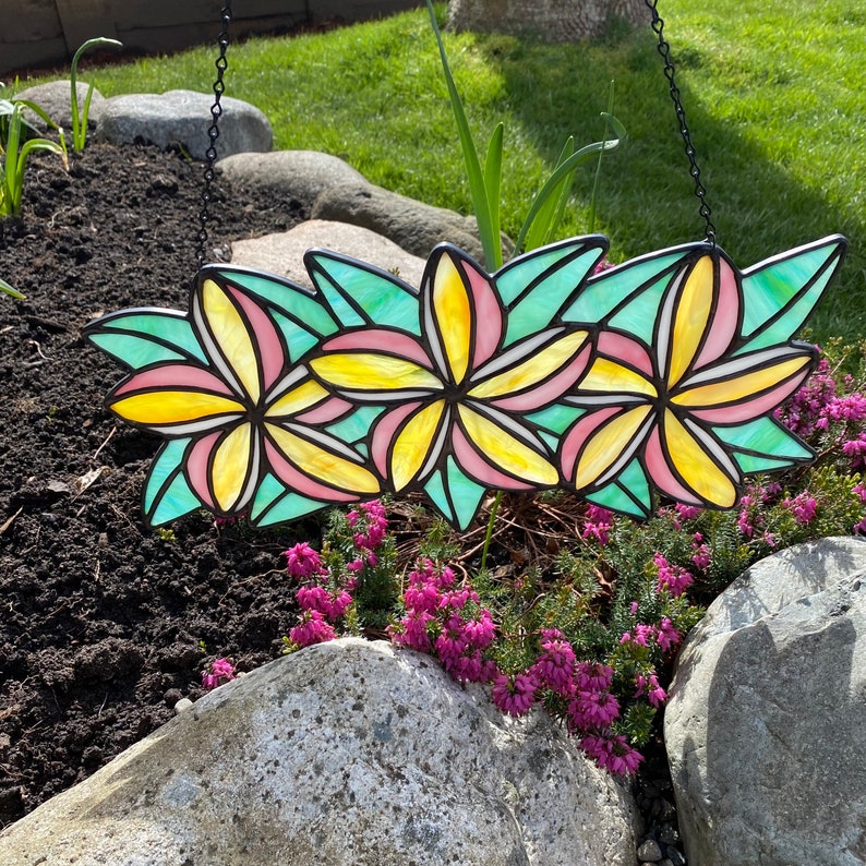 Pink & Yellow and white Plumeria Flower Crown / lei / Wreath Stained Glass Suncatcher image 3