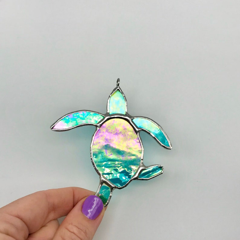 Made to order Iridescent Green Baby Sea Turtle Stained Glass, image 3