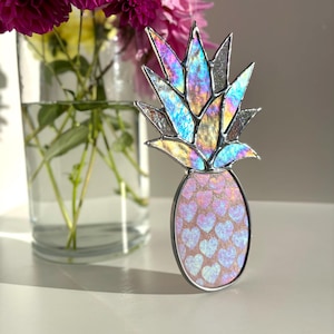 Iridescent Purple Hearts Pineapple Stained Glass