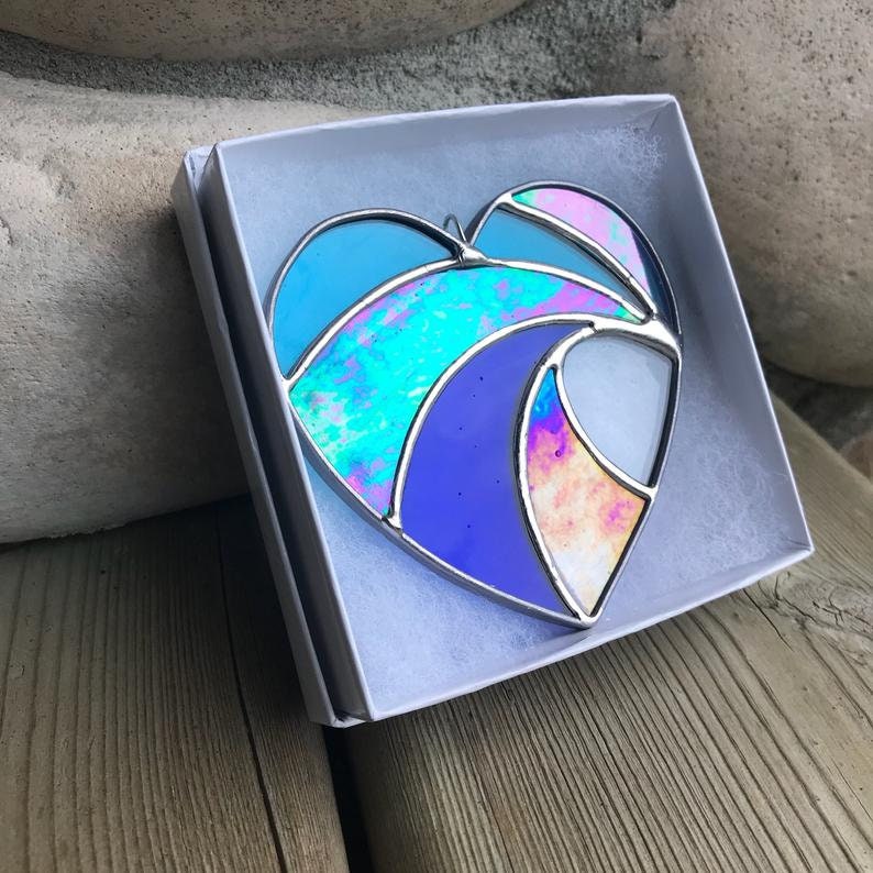 Made to order Crashing Wave Heart Stained Glass, Valentines gift, Mother's Day Anniversary gift, WeddingDay Gift, Suncatcher,Home decor image 1
