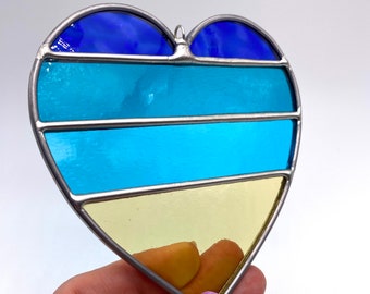Sky blue Handmade Beach Heart Stained Glass, Valentines gift, Mother's Day, Anniversary gift, Wedding Day Gift, Suncatcher