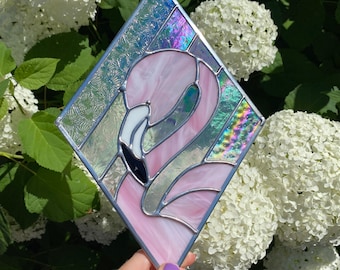 Made to order Feathery Pink Flamingo and Iridescent Diamond Love Stained Glass, large