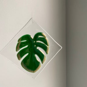Handmade Monstera Green and Gold Leaf Fused Suncatcher image 4