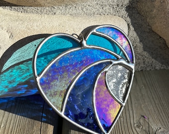 Crashing Wave Heart Stained Glass 4”, Valentines gift, Mother's Day Anniversary gift, WeddingDay Gift, Suncatcher,Home decor