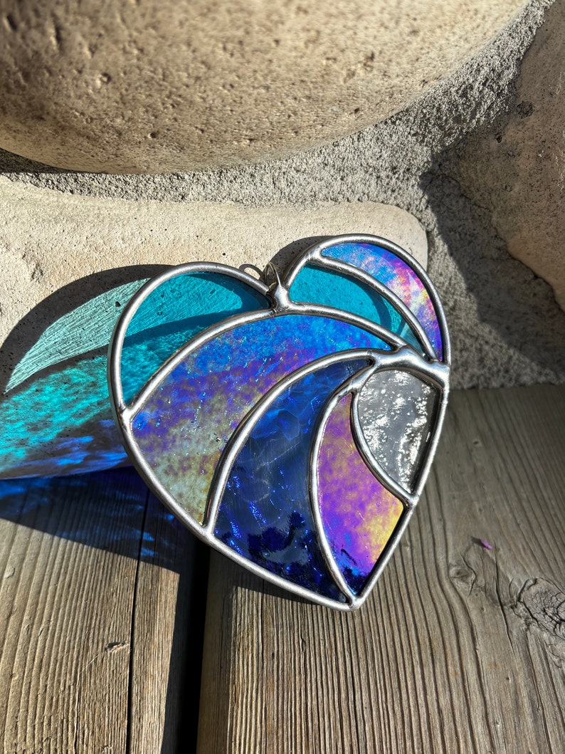 Crashing Wave Heart Stained Glass 4, Valentines gift, Mother's Day Anniversary gift, WeddingDay Gift, Suncatcher,Home decor image 1