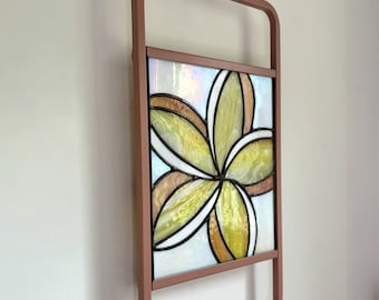 Rainbow Plumeria Stained Glass, Iridescent white, Pink and yellow