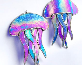 Made to order*  iridescent Blue Jellyfish Stained Glass (1)