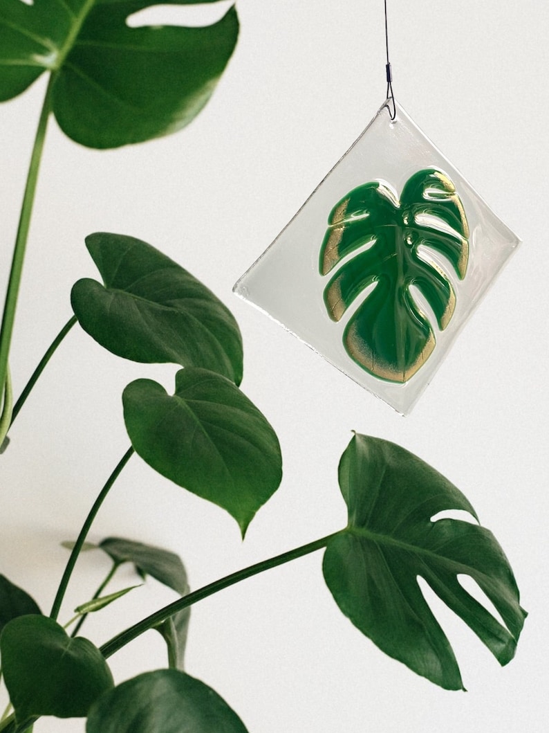 Handmade Monstera Green and Gold Leaf Fused Suncatcher image 1