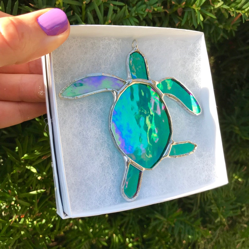 Made to order Iridescent Green Baby Sea Turtle Stained Glass, image 2