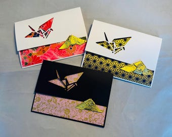 Origami Crane Cutout Pattern Japanese Chiyogami  Greeting Cards (set of 3) crane02
