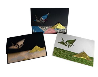 Origami Crane Cutout Pattern Japanese Chiyogami  Greeting Cards (set of 3) crane09
