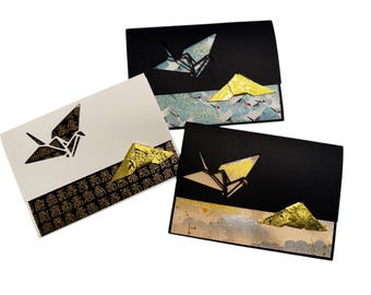 Origami Crane Cutout Pattern Japanese Chiyogami  Greeting Cards (set of 3) crane04