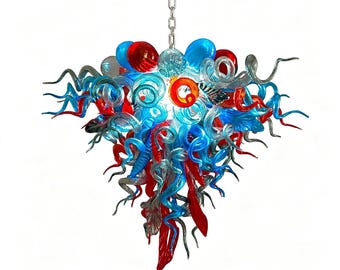 Red & Blue Hand Blown Glass Sculpture Chandelier: Colorful Curly Art Glass Pendant Light