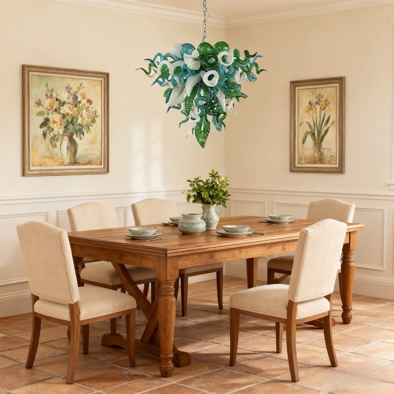 Lámpara de araña de vidrio soplado hecha a mano, color blanco y verde, diseño personalizado, decoración de comedor. imagen 13