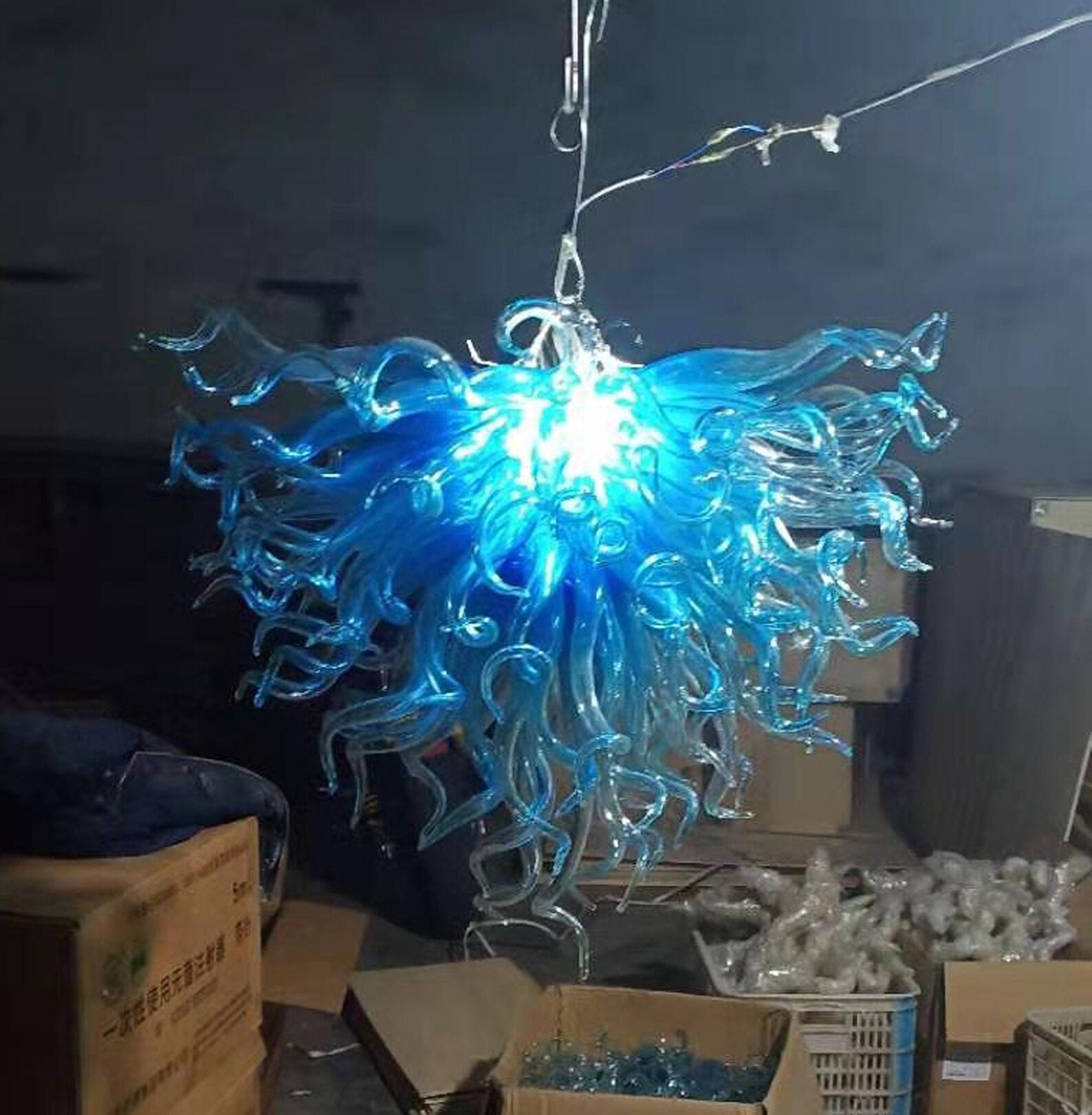 Hand made blown glass chandelier lighting blue color | Etsy