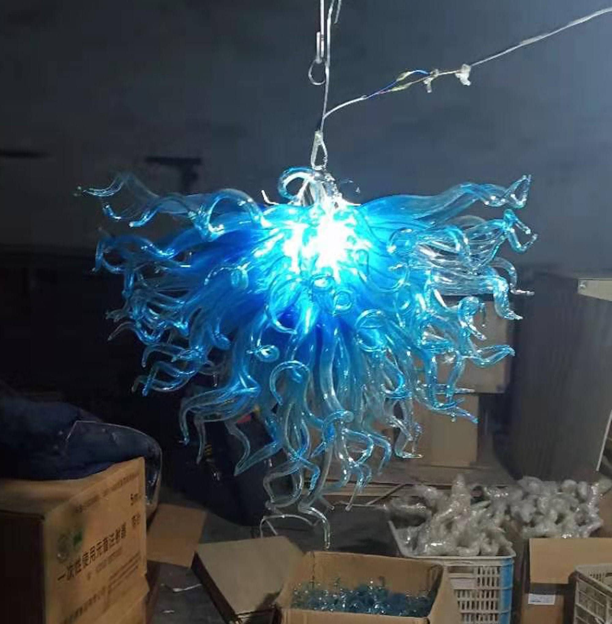 Hand made blown glass chandelier lighting blue color Etsy