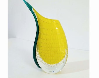 Handmade Yellow Glass Flower Vase: Green Accent Decor