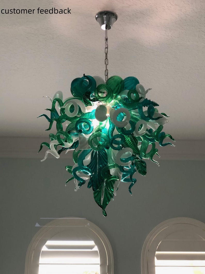 Lámpara de araña de vidrio soplado hecha a mano, color blanco y verde, diseño personalizado, decoración de comedor. imagen 8