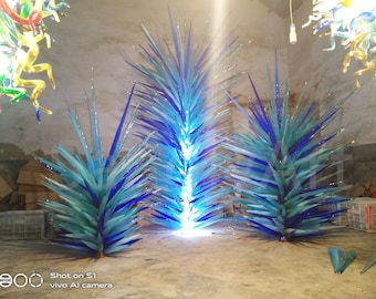 Blue hand blown glass icicle sculpture, murano glass floor lighting, blown glass tree for garden decoration project