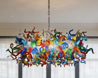 Multicolor hand made blown glass linear chandelier dining room