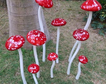 12pcs Red hand made blown glass mushroom for yard, garden, park outdoor decoration