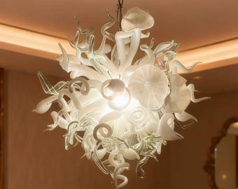 Lámpara de araña de cristal blanco para decoración de comedor, hecha a mano, arte, iluminación del hogar