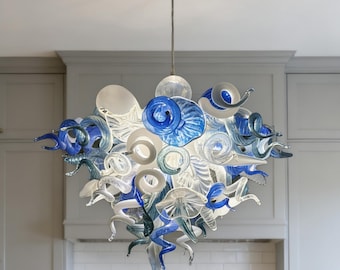 Hand Made Custom Design Blown Glass Chandelier White And Blue color