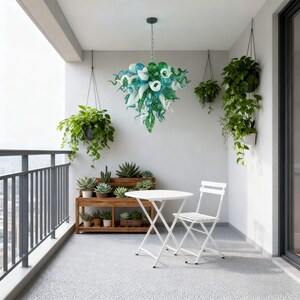 Lámpara de araña de vidrio soplado hecha a mano, color blanco y verde, diseño personalizado, decoración de comedor. imagen 12