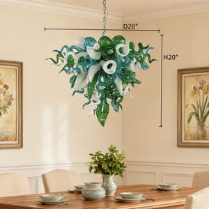 Lámpara de araña de vidrio soplado hecha a mano, color blanco y verde, diseño personalizado, decoración de comedor. imagen 2
