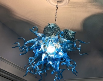 Blue Mouth Blowing Glass Chandelier Custom Design Lighting For Home
