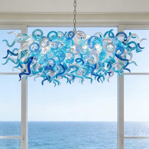 Blue Blown Glass Linear Chandelier: Dining Room Lighting Decoration