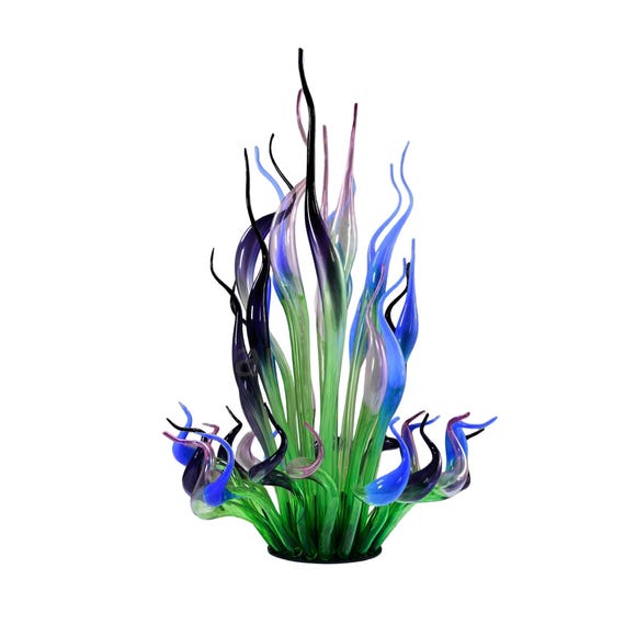 Hand Blown Glass Sculpture: Blue Purple Pink Art Glass For Garden Yard