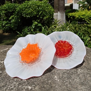 White with red stamen hand made blown glass flowers decoration for wall