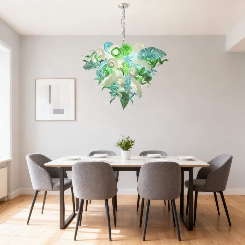 Lámpara de araña de vidrio soplado hecha a mano, color blanco y verde, diseño personalizado, decoración de comedor. imagen 11