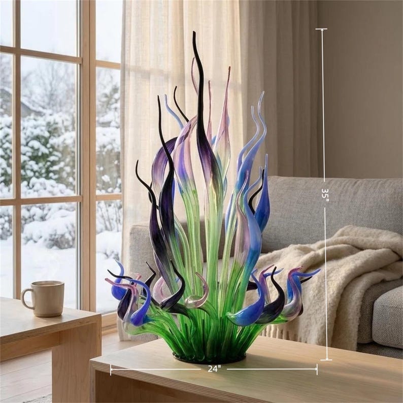 35" tall by 24" wide abstract glass art sculpture, Chihuly-inspired seaweed form in green, blue, and purple, size reference for home decor