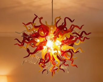 Hand Made Blown Glass Pendant Lamp Red And Yellow Color Custom Design